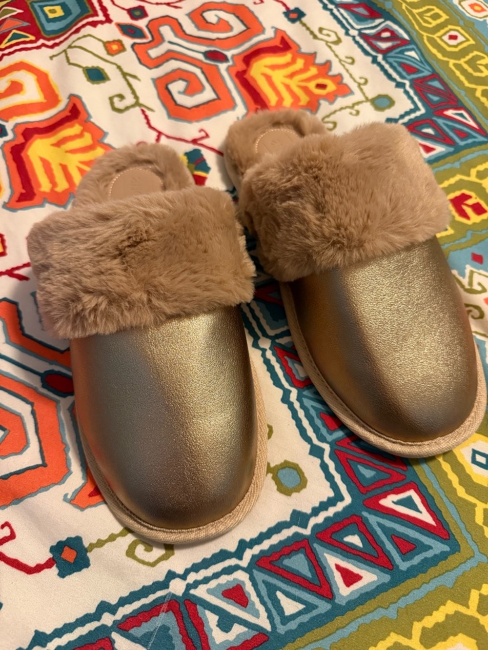 NWT! Auden Metallic Gold Faux-Fur Slip-On Slippers